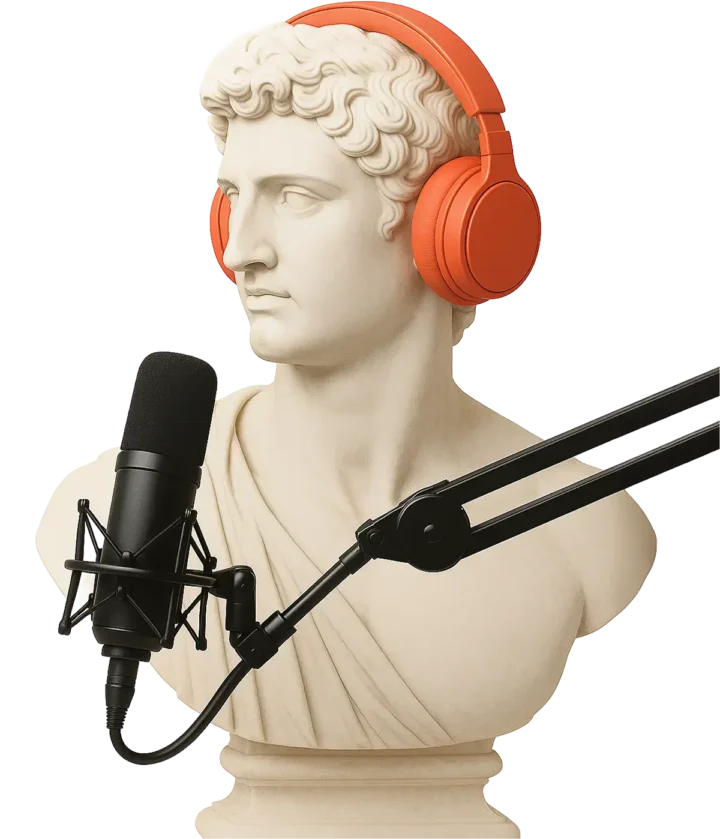 Podcast Hero Head with boom mic and orange headphones